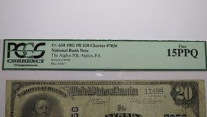 $20 1902 Atglen Pennsylvania PA National Currency Bank Note Bill #7056 F15 PCGS