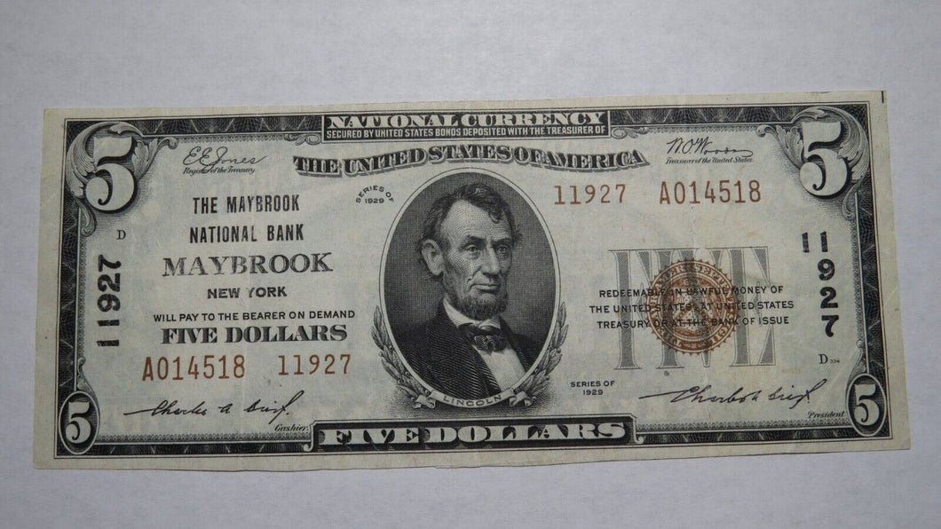 $5 1929 Maybrook New York NY National Currency Bank Note Bill! Ch. #11927 VF+