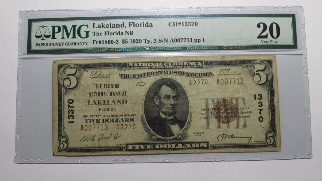 $5 1929 Lakeland Florida FL National Currency Bank Note Bill Ch. #13370 VF20 PMG