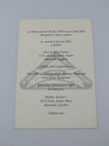 February 6, 1993 NHL All Star Weekend Post Game Reception Invitation Montreal QC