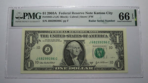 $1 2003 Radar Serial Number Federal Reserve Currency Bank Note Bill PMG UNC66EPQ