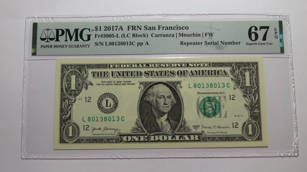 $1 2017 Repeater Serial Number Federal Reserve Currency Bank Note Bill PMG UNC67