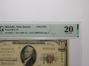 $10 1929 Beverly New Jersey NJ National Currency Bank Note Bill #8704 VF20 PMG