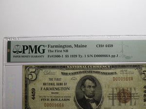 $5 1929 Farmington Maine ME National Currency Bank Note Bill Ch. #4459 VF20 PMG