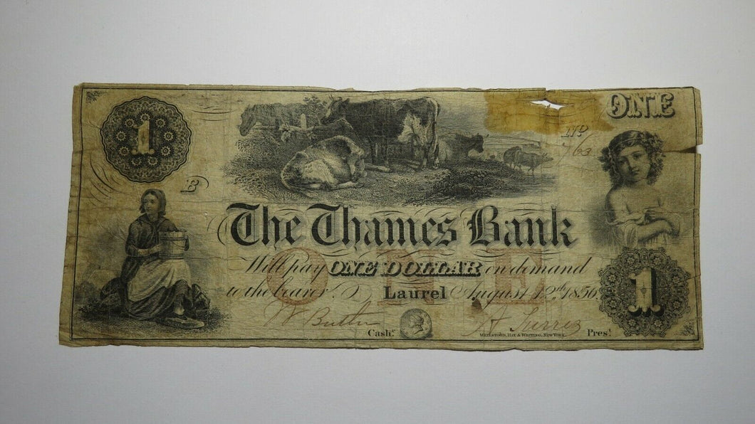 $1 1856 Laurel Connecticut CT Obsolete Currency Bank Note Bill! Thames Bank!