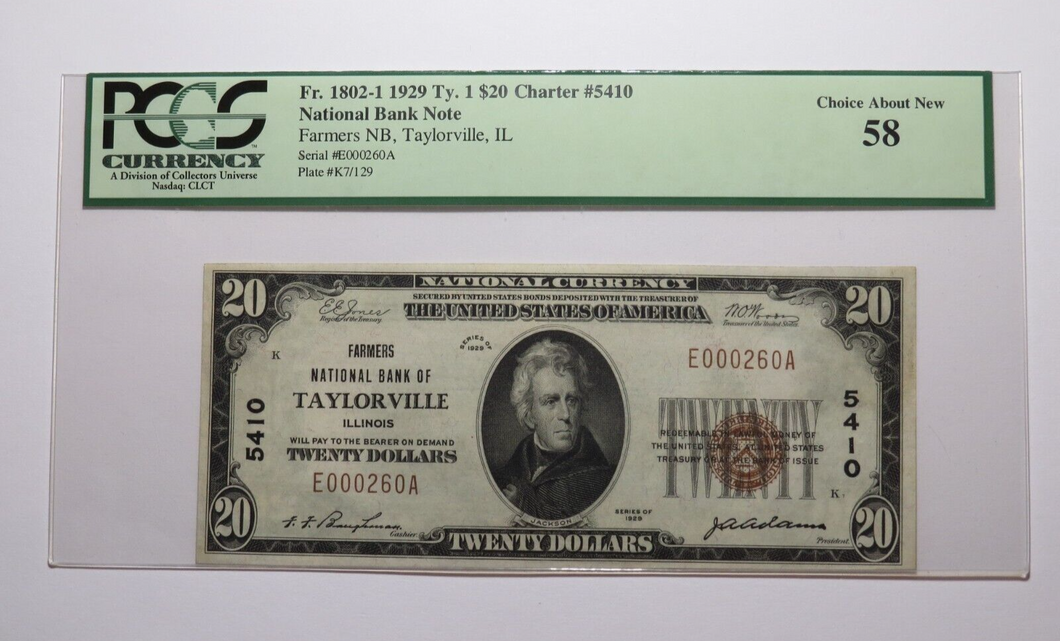 $20 1929 Taylorville Illinois IL National Currency Bank Note Bill Ch #5410 UNC58