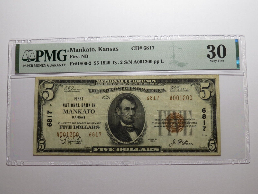 $5 1929 Mankato Kansas KS National Currency Bank Note Bill Ch. #6817 VF30 PMG