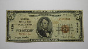 $5 1929 Portland Maine ME National Currency Bank Note Bill Charter #4128 FINE+