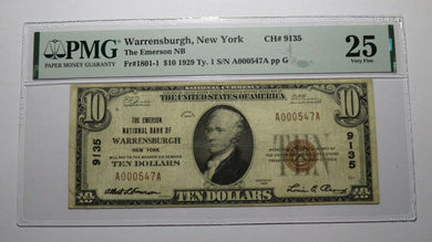 $10 1929 Warrensburgh New York NY National Currency Bank Note Bill Ch #9135 VF25