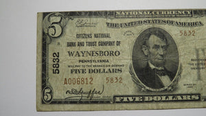 $5 1929 Waynesboro Pennsylvania PA National Currency Bank Note Bill Ch. #5832