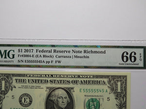 $1 2017 Near Solid Serial Number Federal Reserve Bank Note Bill UNC66 #55555545