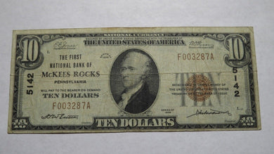 $10 1929 McKees Rocks Pennsylvania PA National Currency Bank Note Bill 5142 Fine