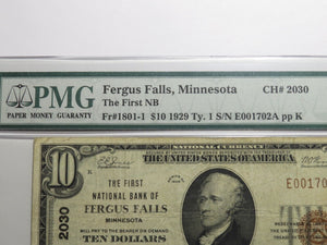 $10 1929 Fergus Falls Minnesota National Currency Bank Note Bill #2030 VF20 PMG