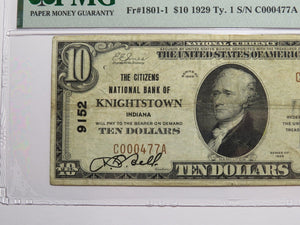 $10 1929 Knightstown Indiana IN National Currency Bank Note Bill #9152 VF25 PMG