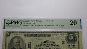 $5 1902 Sussex New Jersey NJ National Currency Bank Note Bill Ch. #1221 VF20 PMG