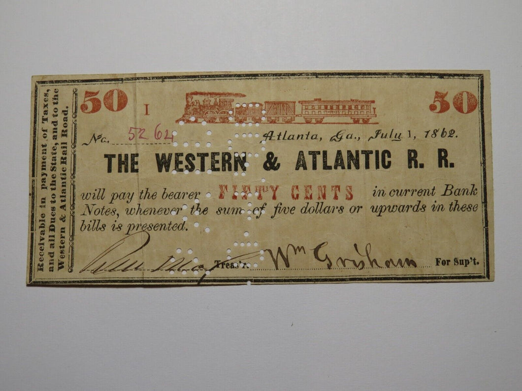 $.50 1862 Atlanta Georgia Obsolete Currency Bank Note Bill Western Atlantic RR