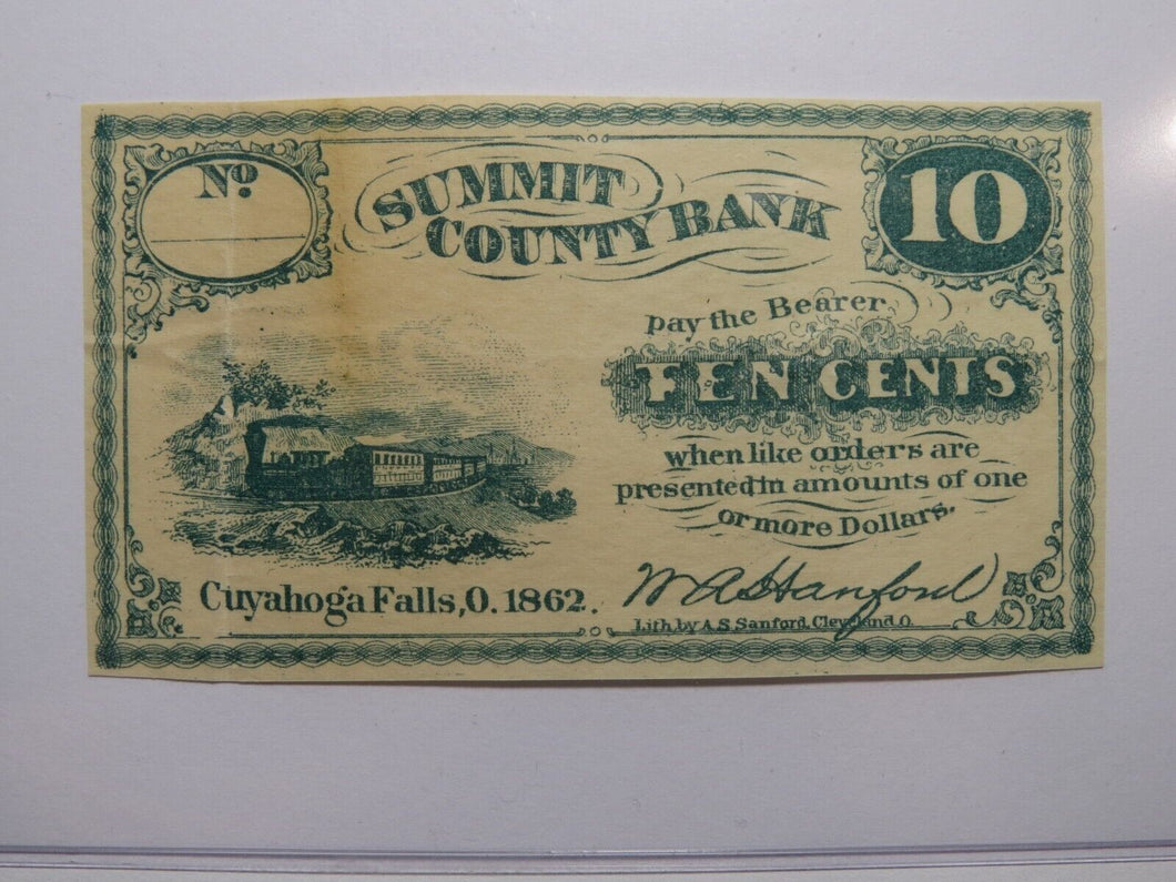 $.10 1862 Cuyahoga Falls Ohio OH Obsolete Currency Bank Note Bill Summit County