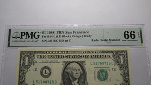 $1 1988 Radar Serial Number Federal Reserve Currency Bank Note Bill PMG UNC66EPQ