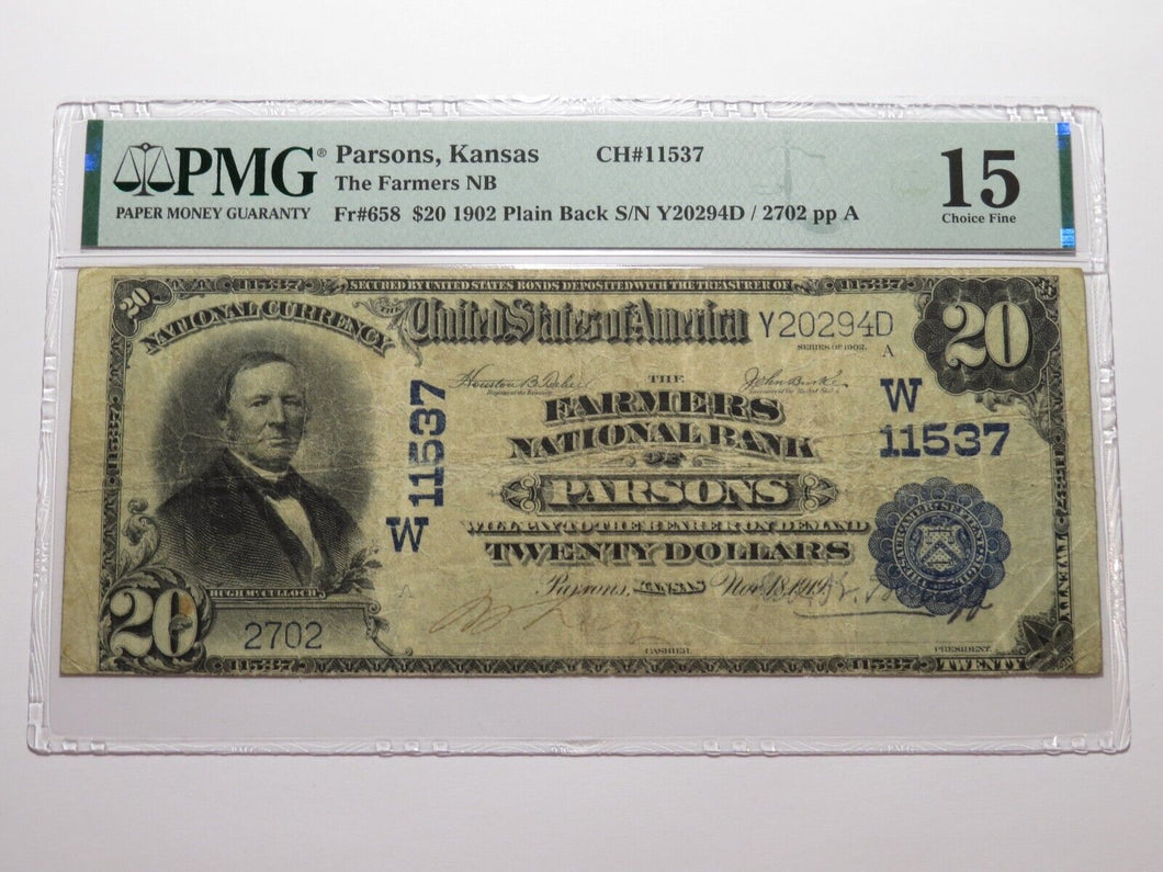 $20 1902 Parsons Kansas KS National Currency Bank Note Bill Ch. #11537 F15 PMG