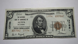 $5 1929 Altus Oklahoma OK National Currency Bank Note Bill! #13756 Uncirculated!