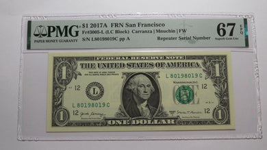 $1 2017 Repeater Serial Number Federal Reserve Currency Bank Note Bill PMG UNC67