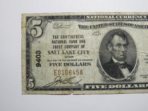 $5 1929 Salt Lake City Utah UT National Currency Bank Note Bill Charter #9403