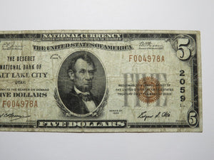 $5 1929 Salt Lake City Utah UT National Currency Bank Note Bill Charter #2059