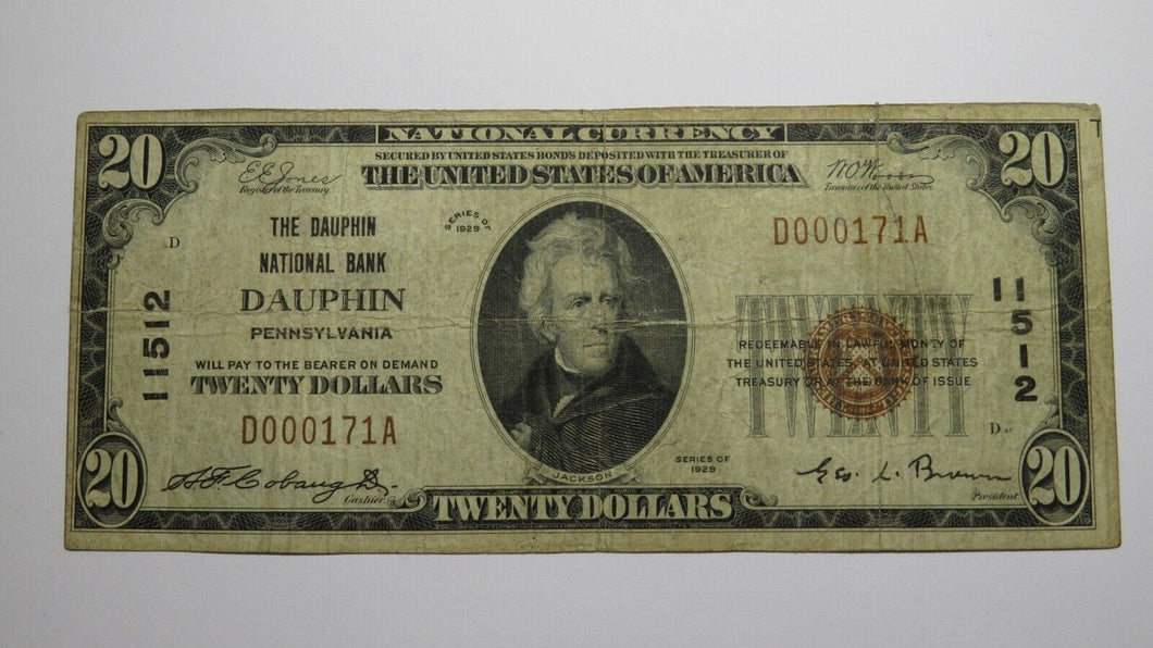 $20 1929 Dauphin Pennsylvania PA National Currency Bank Note Bill Ch #11512 FINE