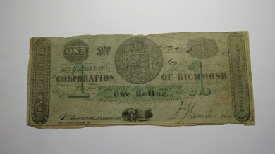 $1 1861 Richmond Virginia VA Obsolete Currency Bank Note Bill Corporation of VA