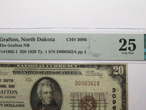 $20 1929 Grafton North Dakota ND National Currency Bank Note Bill Ch. #3096 VF25