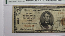 Load image into Gallery viewer, $5 1929 Marianna Florida FL National Currency Bank Note Bill Ch #6110 VF20 PMG