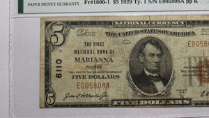 $5 1929 Marianna Florida FL National Currency Bank Note Bill Ch #6110 VF20 PMG