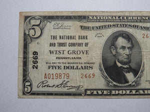 $5 1929 West Grove Pennsylvania PA National Currency Bank Note Bill Ch. #2669 VF