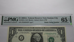 $1 2003 Radar Serial Number Federal Reserve Currency Bank Note Bill PMG UNC65EPQ