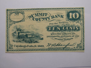 $.10 1862 Cuyahoga Falls Ohio OH Obsolete Currency Bank Note Bill Summit County