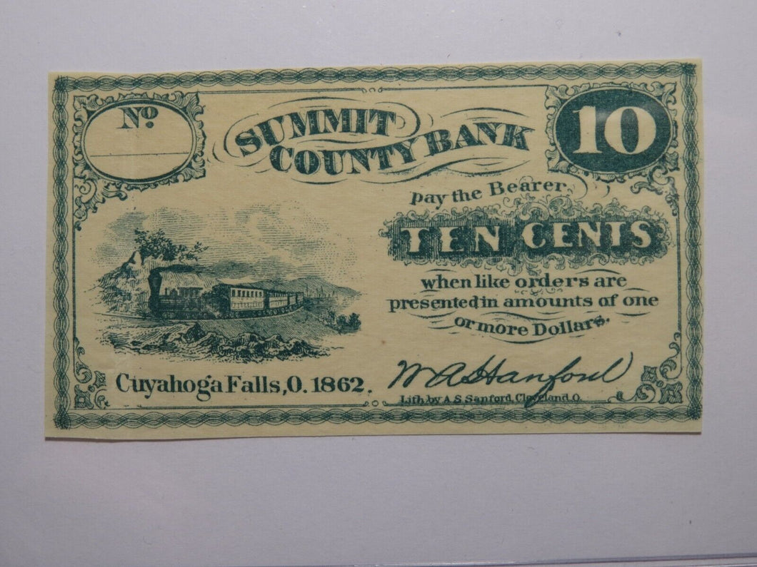 $.10 1862 Cuyahoga Falls Ohio OH Obsolete Currency Bank Note Bill Summit County