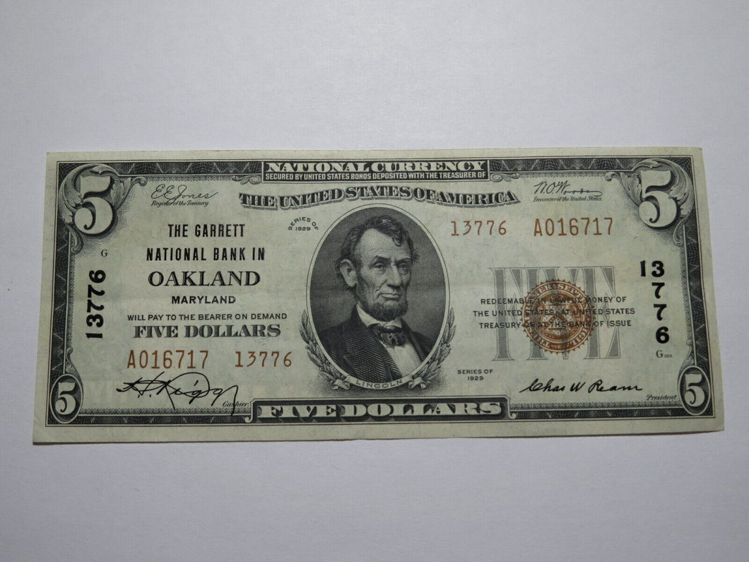 $5 1929 Oakland Maryland MD National Currency Bank Note Bill Ch. #13776 XF++++