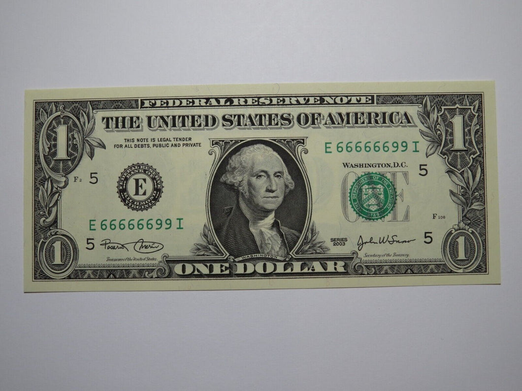 $1 2003 Near Solid Flipper Serial Number Federal Reserve Bank Note Bill 66666699