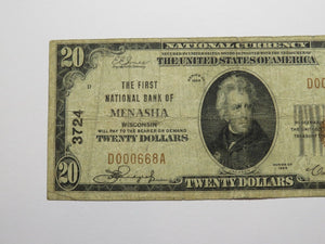 $20 1929 Menasha Wisconsin WI National Currency Bank Note Bill Charter #3724