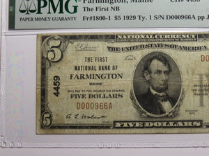 $5 1929 Farmington Maine ME National Currency Bank Note Bill Ch. #4459 VF20 PMG