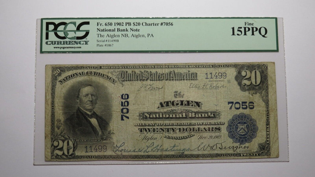 $20 1902 Atglen Pennsylvania PA National Currency Bank Note Bill #7056 F15 PCGS