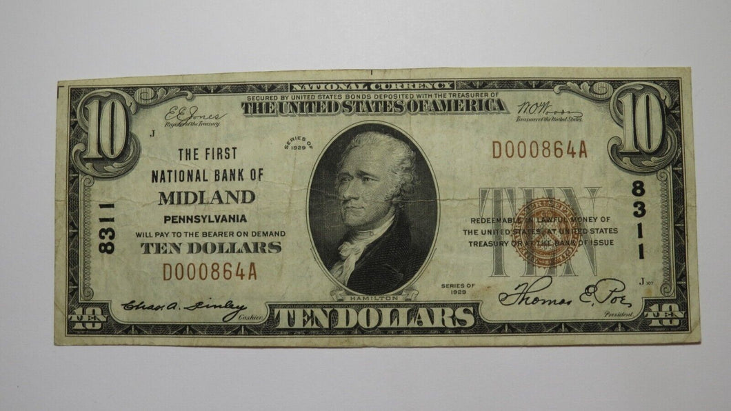 $10 1929 Midland Pennsylvania PA National Currency Bank Note Bill! Ch #8311 VF