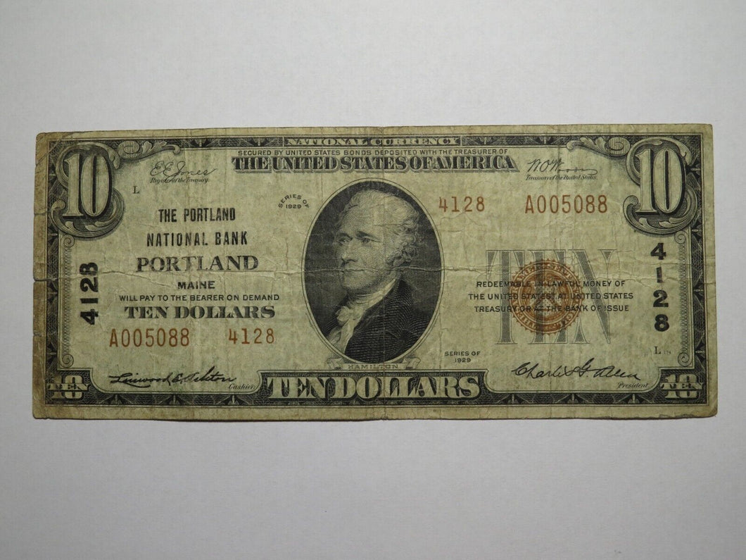 $10 1929 Portland Maine ME National Currency Bank Note Bill Charter #4128 FINE