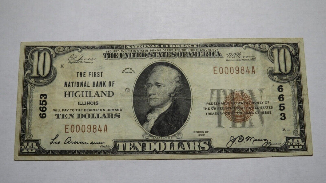 $10 1929 Highland Illinois IL National Currency Bank Note Bill! Ch. #6653 VF!