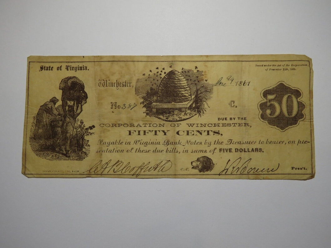 $.50 1861 Winchester Virginia VA Obsolete Currency Bank Note Bill Corp. of Win.