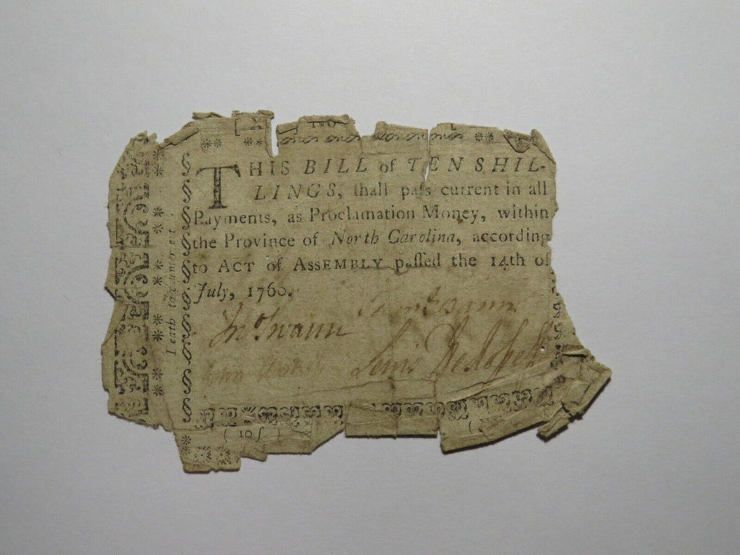 1760 Ten Shillings North Carolina NC Colonial Currency Note Bill! RARE 10s