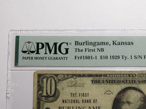 $10 1929 Burlingame Kansas KS National Currency Bank Note Bill Ch. #4040 F15 PMG