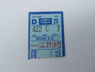 December 27, 1981 New York Rangers Vs Pittsburgh Penguins NHL Hockey Ticket Stub