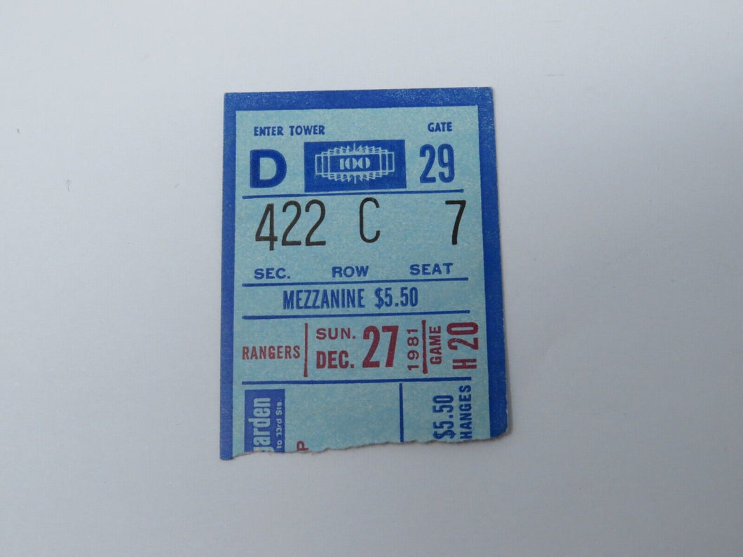 December 27, 1981 New York Rangers Vs Pittsburgh Penguins NHL Hockey Ticket Stub