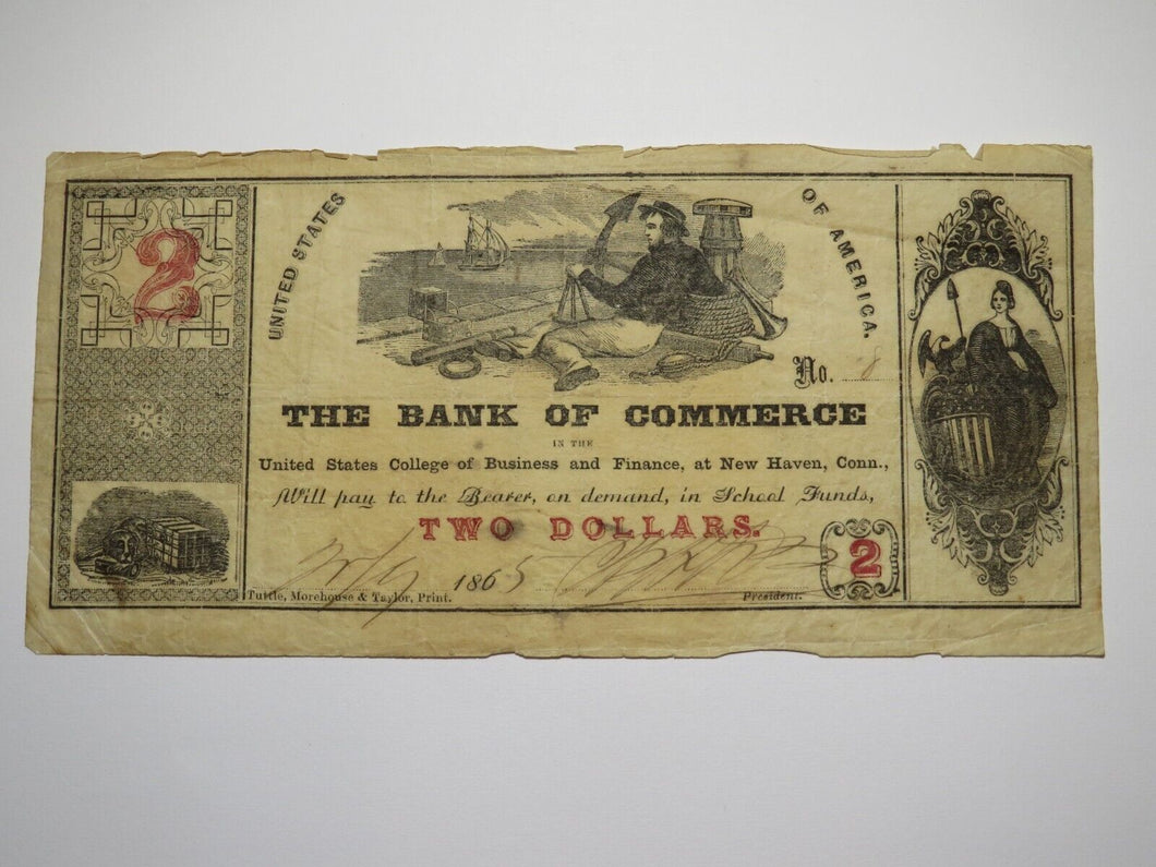 $2 1865 New Haven Connecticut Obsolete Currency Bank Note Bill Business College